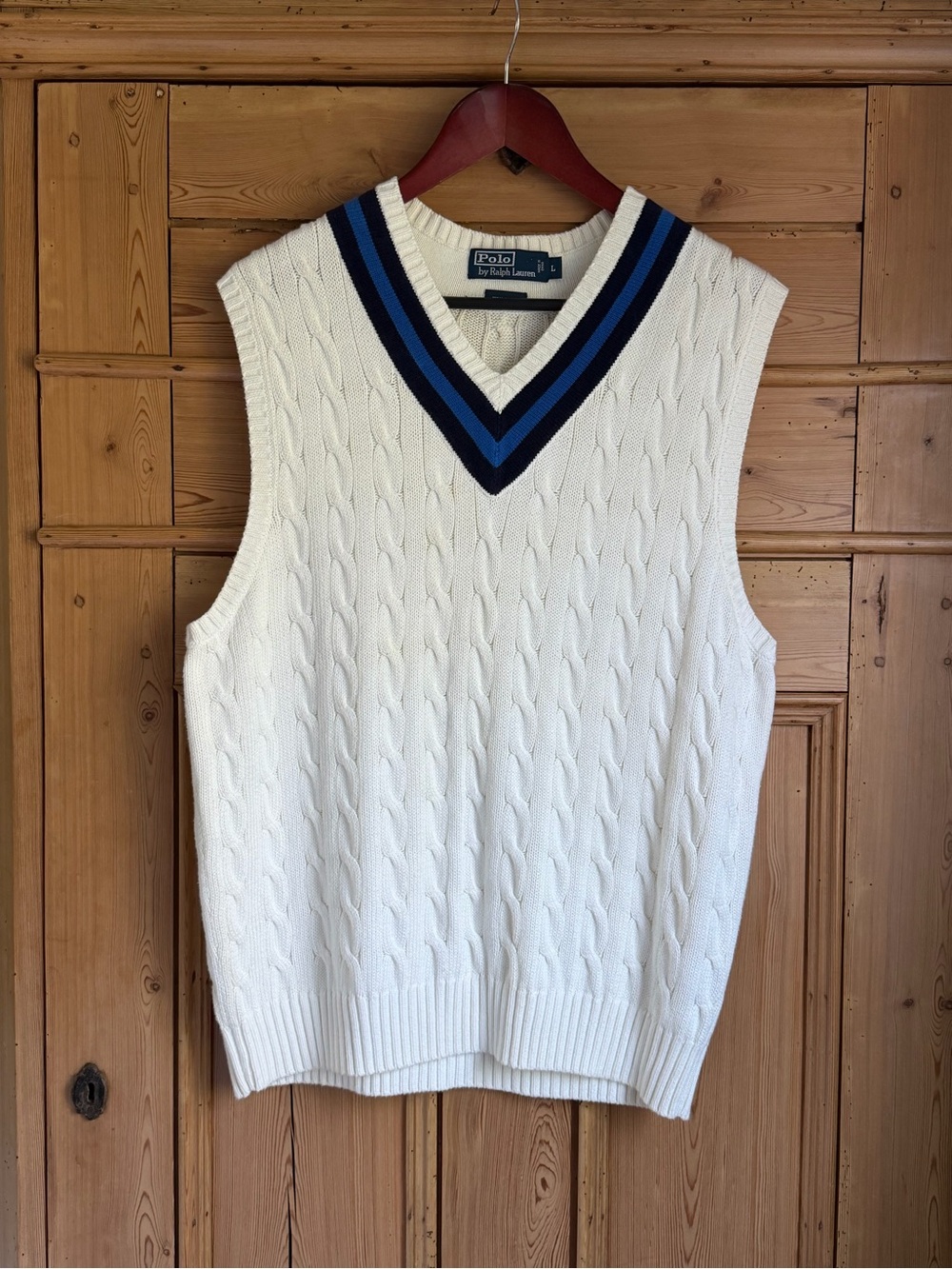 Polo by Ralph Lauren White Cable Knit V-Neck Sweater Vest with Blue Stripe Trim